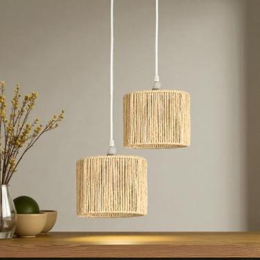 Imagem de Kit de 2 Luminárias Pendente de Teto Lustre Rústico em Sisal Natural – Estrutura em Ferro, Decoração Natural 20x15cm - Com Kit de Instalação