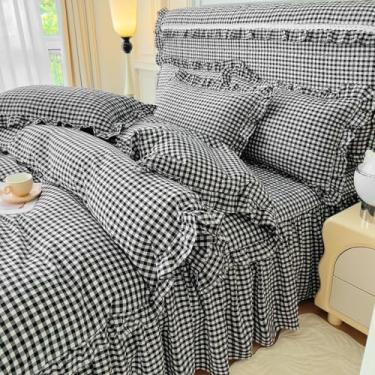 Imagem de Conjunto de edredom King com babados e xadrez preto, 3 peças, boêmio, quadriculado, 2 fronhas, macio, vintage, xadrez, guingão, conjunto de cama King