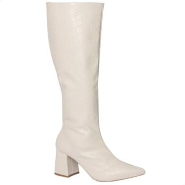 Imagem de Bota Feminina Bico Fino Cano Alto Salto Médio Fashion Moda, Alta Feminina, Estilo Festa, Estampa Croco (Off White, 34, BR, Adulto, Numérico, 34)