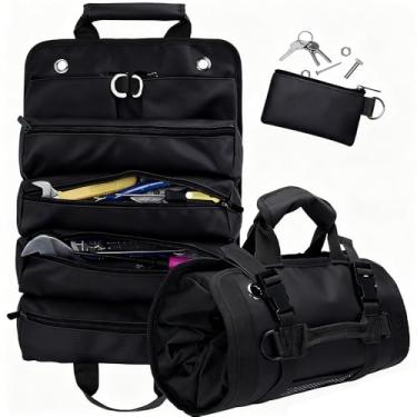 Imagem de Bolsa de ferramentas de enrolar pequena bolsa portátil com 5 compartimentos, presentes para homens, pai, Natal, meias de aniversário, marcenaria, presente para eletricista, para eletricista, preto