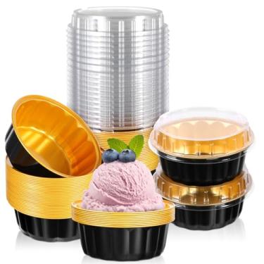 Imagem de IANFAN Pacote com 100 ramequins descartáveis de 227 g com tampas, copos descartáveis de ramekin creme brulee ramekin preto dourado folha de alumínio para cupcake recipientes para casamento, Natal