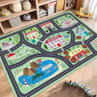 Imagem de LTKOUGFAM Tapete infantil para carro, tapete infantil para brincar com mapa de estrada da cidade, tapete educativo grande para crianças, tapete de pista de carro para meninos, tapetes infantis para