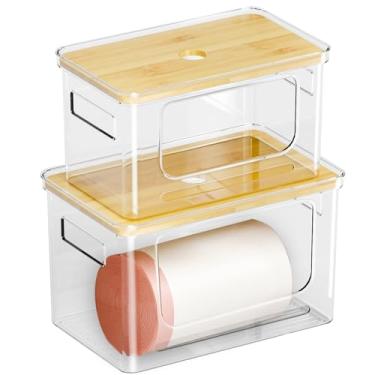 Imagem de Pacote com 2 suportes de saco de lixo com tampo de bambu, dispensador de saco de lixo para armário de despensa de cozinha, organizador de lavanderia sob a pia