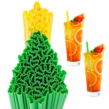 Imagem de Potchen 50 canudos de plástico em forma de estrela de Natal canudos descartáveis a granel para coquetel, festa de Natal, artigos de festa de aniversário (verde, amarelo)