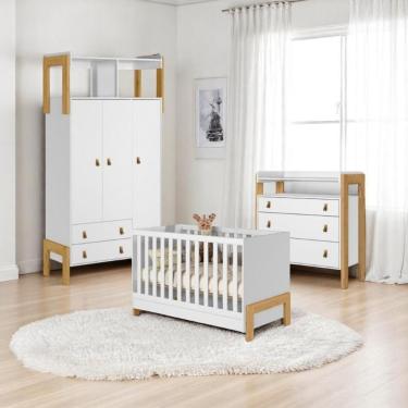 Imagem de Conjunto Infantil Fantasia Branco Acetinado Berço Mini Camacômodaguarda-roupa 3 Portas 2 Gavetas
