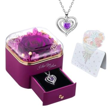 Imagem de ESTARES Colar rosa roxa real preservada com coração, flores eternas presente para mulheres, mãe, esposa, avó, namorada | aniversário, Natal, Dia dos Namorados, presentes para ela