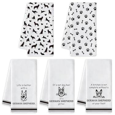 Imagem de R HORSE Toalha de prato de cozinha de pastor alemão - 5 peças de pano de prato fofo de limpeza de pastor alemão animal cão barra absorvente toalha de mão de secagem rápida toalhas de chá para amantes