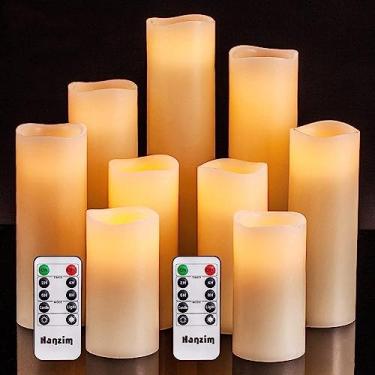 Imagem de Velas cintilantes sem chamas operadas por bateria D2,5 polegadas x H4 12,7 cm 15,2 cm 17,8 cm 20,3 cm 22,9 cm conjunto de 9 velas LED de coluna de cera real marfim com controle remoto de 10 teclas e