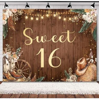 Imagem de SVBright Sweet 16 Pano de fundo 20 x 15 cm A vaqueira ocidental retrô boho grama pampas country flor floral oeste rústico botas de madeira chapéu decorações de casa de fazenda fundo fotografia banner