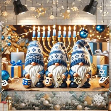 Imagem de BlissYard Banner de Hanukkah 188 x 109 cm Festival de Luzes Menorá Dreidel Estrela de Davi Azul Branco Decoração de Natal Judaico Chanucá Artigos de Festa Fundo de Cabine de Fotos