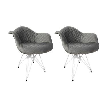 Imagem de Kit 2 Poltronas Jantar Estofadas Cinza Base Ferro Branco Cinza