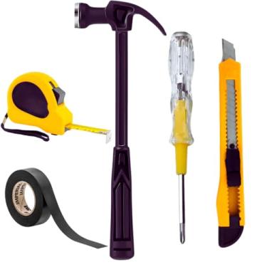 Imagem de Kit de Ferramentas com 5 Peças – Conjunto Essencial para Reparos Domésticos e Oficina – Martelo, Estilete, Fita Métrica, Fita Isolante e Chave Manual