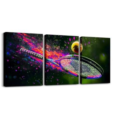 Imagem de Raquetes de tênis em aquarela e arte de parede de bola 3 peças, estampas de pôsteres com estampa de bola de tênis 3D para meninos e adolescentes, impressão de arte de parede esportiva tingida com