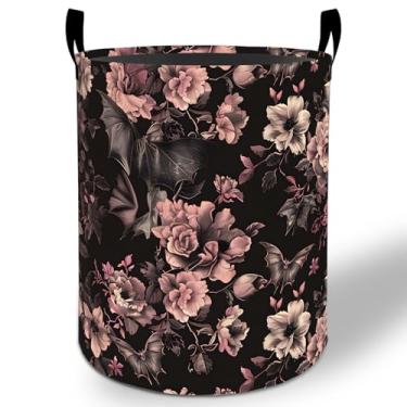 Imagem de Cesto de roupa suja floral e morcego gótico, 50 x 40 cm, balde de armazenamento de roupas Oxford gótico dobrável à prova d'água para quarto, banheiro, quarto, berçário, organizador de brinquedos