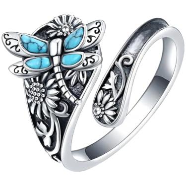 Imagem de Anel de borboleta turquesa vintage, design de girassol antigo, tamanho ajustável 6-8, estilo boho, detalhe de libélula, caixa de presente incluída
