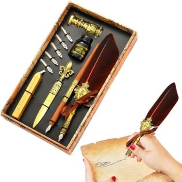 Imagem de Conjunto de tinta de de caligrafia de penas - Quill Pen Set Antique Caligrafia Dip Pen com Tinta,Conjunto de s de pena inclui de imersão de penas, tinta, pontas de reposição, bastões de vedação de