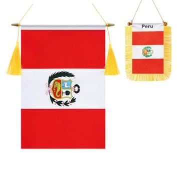 Imagem de Pacote com 2 bandeiras de parede do Peru, mini bandeira peruana pendurada na janela do carro, acabamento acetinado, tecido resistente, bandeiras patrióticas para decoração de espelho retrovisor de