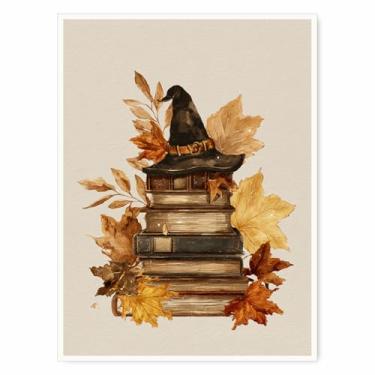 Imagem de Arte de parede com chapéu de bruxa e livros de outono – pilha vintage de livros com folhas de outono e vela, impressão em tela Dark Academia Halloween para decoração de quarto - 30 x 40 cm pronto para