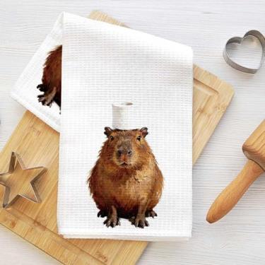 Imagem de Toalhas de cozinha com tema de papel higiênico Capybara, toalha de prato decorativa de microfibra absorvente de impressão de animal engraçado, toalhas de mão de waffle para cozinha, casa, banheiro