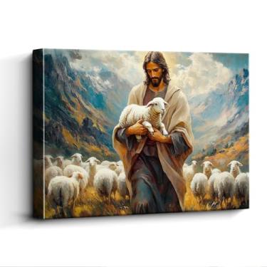 Imagem de WOXZQ Arte de parede de Jesus, segurando cordeiro no vale, decoração de parede de bom pastor, impressão em tela laminada sem moldura, pôster cristão, para presente de escola dominical, 38 x 30 cm