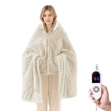 Imagem de Cobertor aquecido, cobertor elétrico vestível com capuz e bolsos, cobertor de aquecimento, xale elétrico aquecido com 6 níveis de aquecimento e configuração de temporizador de 12 horas, lavável na