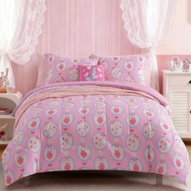 Imagem de Wink Deer Jogo de cama solteiro para meninas, 3 peças, rosa, morango, 1 edredom, 1 fronha e 1 travesseiro decorativo