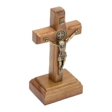 Imagem de FLCPJGV Cruz de madeira com figura católica de Cristo Jesus em crucifixo para oração.