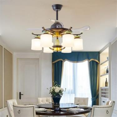 Imagem de Ventilador de teto moderno e discreto com LED, luxuoso para sala de estar, restaurante, quarto, escritório, casa de campo ou hotel, com controle remoto (1 unidade com 6 lâmpadas).