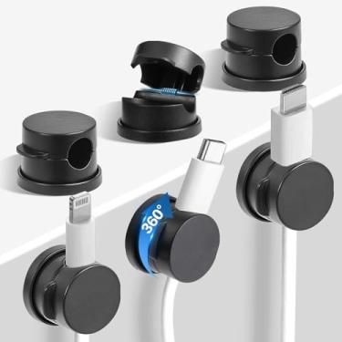 Imagem de Suporte organizador de cabos de 6 peças, clipes de cabo de mola rotativos de 360°, acessórios de mesa de gerenciamento de cabos adesivos fortes, organizador de fios ajustável, cabos ocultos