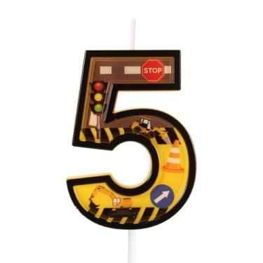 Imagem de Vela de aniversário de construção, velas com números listrados amarelos e pretos, topo de bolo para decoração de festa de aniversário para meninos com tema de construção (número 5)