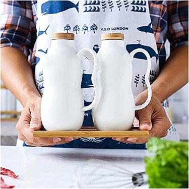 Imagem de 3FLQOOPP Garrafa dispensadora de azeite de oliva, garrafa vintage de cerâmica, garrafa de óleo com tampa de madeira, molho de soja, vinagre, galheteiro, dispensador de condimentos líquidos, garrafa de