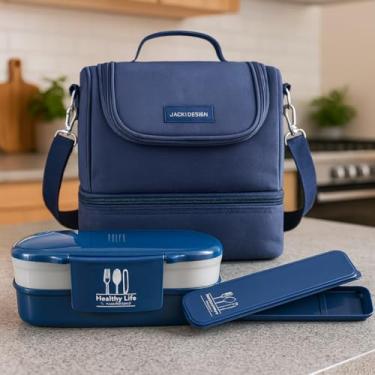 Imagem de Kit Bolsa Térmica C/ 2 Compartimentos + Marmita + Porta Talheres 3 Peças Para Viagem e Armazenamento (Azul Luxo)