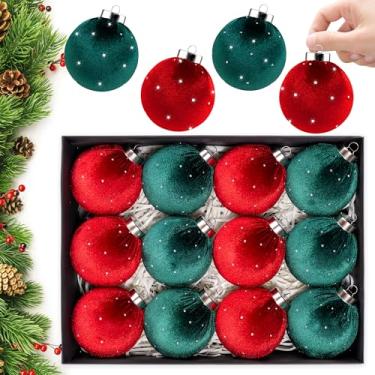 Imagem de Conjunto de enfeites de árvore de Natal, bolas de veludo, 12 peças, enfeites de lâmpadas de Natal inquebráveis para pendurar em árvore de Natal, decoração flocada vintage, 78 mm, 7,9 cm, multicolorido