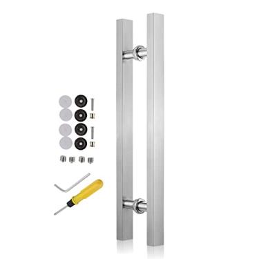 Imagem de Maçaneta de porta de celeiro moderna, puxadores de porta de aço inoxidável elegantes com encaixes, ferragens de porta de vidro deslizante exterior interior para porta traseira (comprimento prata 60 cm