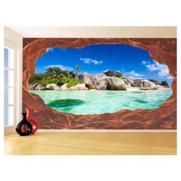 Imagem de Papel De Parede 3D Praia Mar Caverna Pedras Céu 3,5M Npr293 - Você Dec