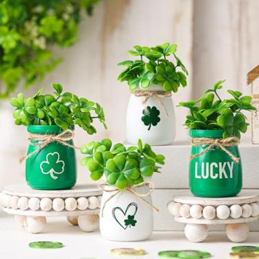Imagem de Remerry 4 conjuntos de mini potes de São Patrício com trevo artificial, decorações para o dia de São Patrício, peça central, trevo falso, mini vasos para mesa, cozinha, lareira, decoração de cornija