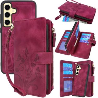 Imagem de Lacass Capa carteira para Samsung Galaxy S24 FE S24FE 2024, [12 compartimentos para cartão] Porta-dinheiro de crédito para identidade, bolso com zíper, capa de couro destacável com cordão de pulso
