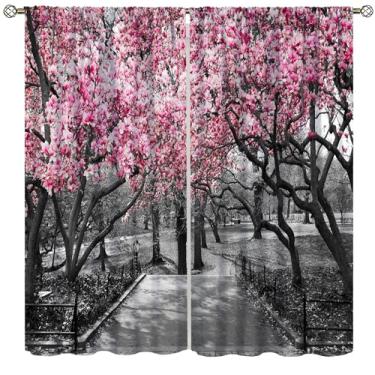 Imagem de AAVEUP Cortinas blackout florestais de cerejeira para cozinha, vintage, rústico, rosa, cerejeira, árvores, floresta, natureza, paisagem, tratamentos de janela, impressão para meninas, crianças, quarto