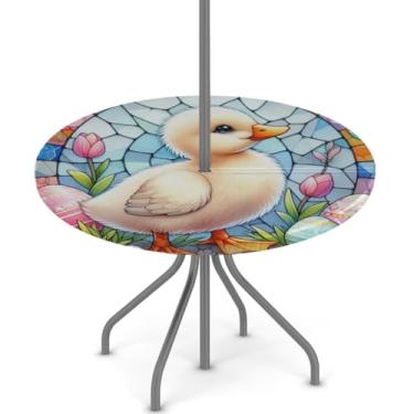 Imagem de hongjinglin Toalha de mesa de Páscoa para uso ao ar livre com orifício para guarda-chuva, toalha de mesa redonda elástica com zíper, impermeável, limpável, para piquenique, festa, pátio, serve para