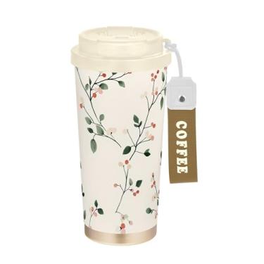 Imagem de SEHANY Caneca de viagem de cereja fofa de 482 g Copos de café reutilizáveis revestidos de cerâmica com tampa à prova de vazamento, parede dupla, isolamento a vácuo, copo de café de aço inoxidável para