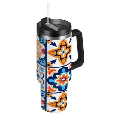 Imagem de Blueangle Copo de cerâmica mexicano de 1,134 g com alça e tampa de palha, caneca de viagem de aço inoxidável isolada a vácuo de parede dupla, garrafa de água reutilizável para academia de escritório