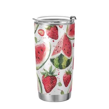 Imagem de xigua Copo de melancia em aquarela com tampa de palha, caneca de viagem a vácuo de parede dupla, caneca de café bem isolada, copo de aço inoxidável para bebidas quentes e frias, 600 ml