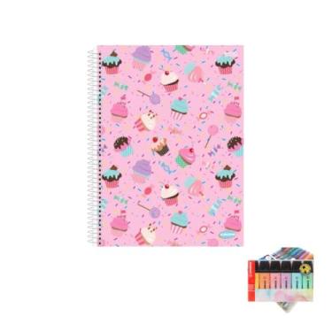 Imagem de Kit Caderno Feminino 10 Matérias 200 Folhas KBOM + Caneta Trigel Metálica 10 Cores + Marca Texto Boss 6 Cores