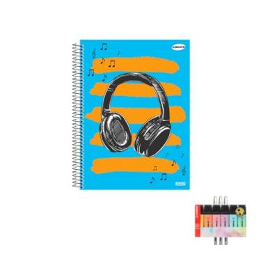 Imagem de Kit Caderno Masculinos 10 Matérias Capa Dura 200 Folhas + Caneta Trigel Branca + Marca Texto Boss 06 Cores Pastel