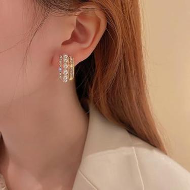 Imagem de Brincos de argola de pérola para mulheres - Brincos de argola de ouro, brincos de pérola, zircônia cúbica, brincos de argola pequenos para mulheres, joias modernas, presentes, One Size, Cobre, Sem