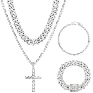 Imagem de SUBANG 4 peças de corrente de elos cubanos para homens, conjunto de colar e pulseira de prata com diamantes brilhantes, correntes cubanas de Miami, joias hip hop para homens e mulheres
