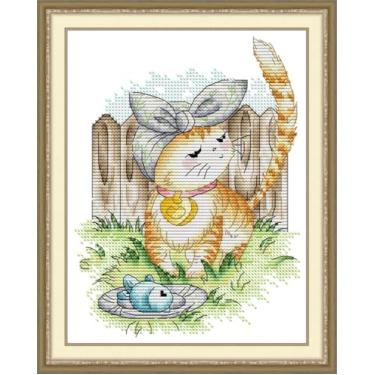 Imagem de CrossNest Kit de ponto cruz com contagem de animais de 14 quilates para iniciantes, conjunto completo de bordado DIY não impresso com padrão e ferramentas, pano Aida premium e fios (Gatinho rebelde)