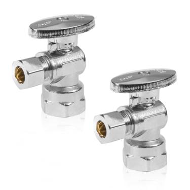 Imagem de Pacote com 2 válvulas de parada angular, válvula de ângulo de giro de 1/4, tubo de ferro FIP de 1/5.1 cm x válvula de fechamento de pia de ângulo de compressão OD de 3/20.3 cm, latão cromado sem