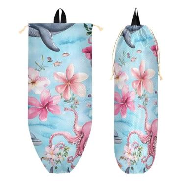 Imagem de xigua Suporte de parede para saco plástico baleias com cordão 1 pacote, organizador de sacolas de supermercado reutilizável para bolsas, meias, roupas íntimas e gravatas