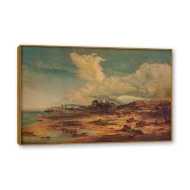 Imagem de Moldura de teca. Arte em tela romantismo estilo constável, (Cena da costa com igreja), pintura de paisagem inglesa emoldurada, decoração de parede elegante para sala de estar escritório. 50 x 75 cm